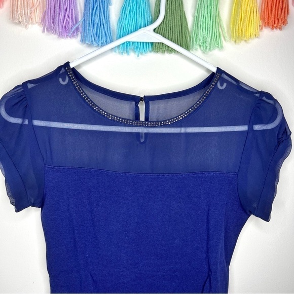 Express Blue Short Sleeve Mesh Formal Dressy Business Casual Blouse Extra Small - Picture 3 of 14